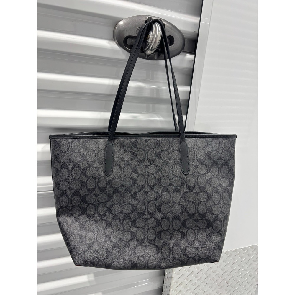 Coach City Tote In Signature Canvas Black Grey With Red Interior Shoulder Bag - Picture 5 of 5